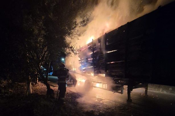 semiremorca unui autocamion incarcat cu lemne a fost cuprinsa de flacari in comuna parjol