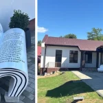 Bancă în formă de carte, la Școala „Emil Brăescu” din Măgura, Bacău